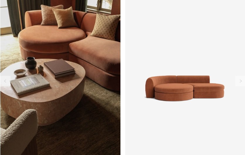 “Lulu and Georgia living room sofa in rich saturated tones with rounded silhouette – Quiet Contrast design.”